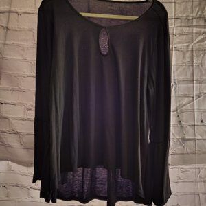 a.n.a, XL, SHEER Black High Low, Keyhole Neckline, Long Bell Sleeve Top